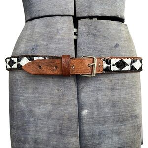 Black White Diamond Check Brown Leather Belt